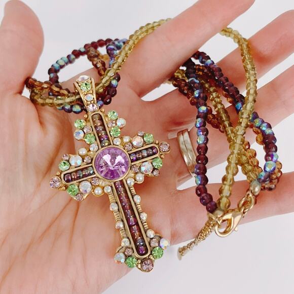 Colorful Glass Rhinestone Cross Christian Pendant Beaded Necklace Choker 16"-19" - Picture 6 of 12